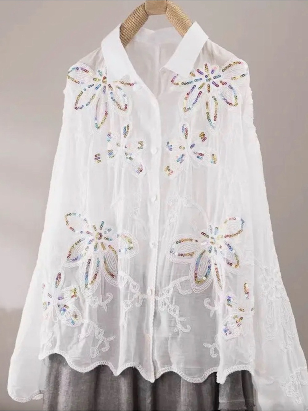 White Embroidered Sequin Button-Up Shirt